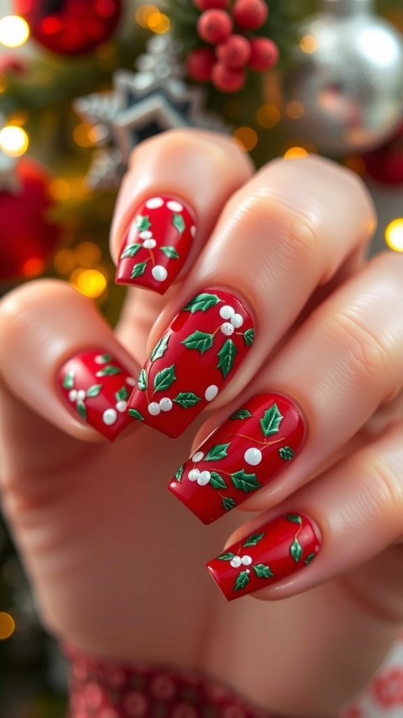 Elegant Christmas nails with red base, green holly leaves, and white berries.